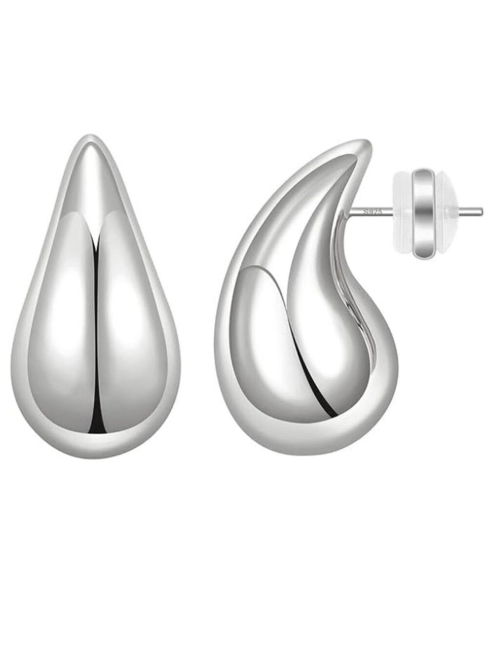 Glossy Silver Teardrop Water Drop Stud Earrings